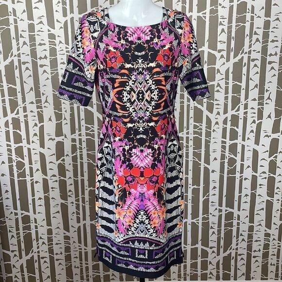 Gabby Skye Geometric Tropical Floral Print Zip Back Scuba Sheath Midi Dress sz 6 - Picture 1 of 16